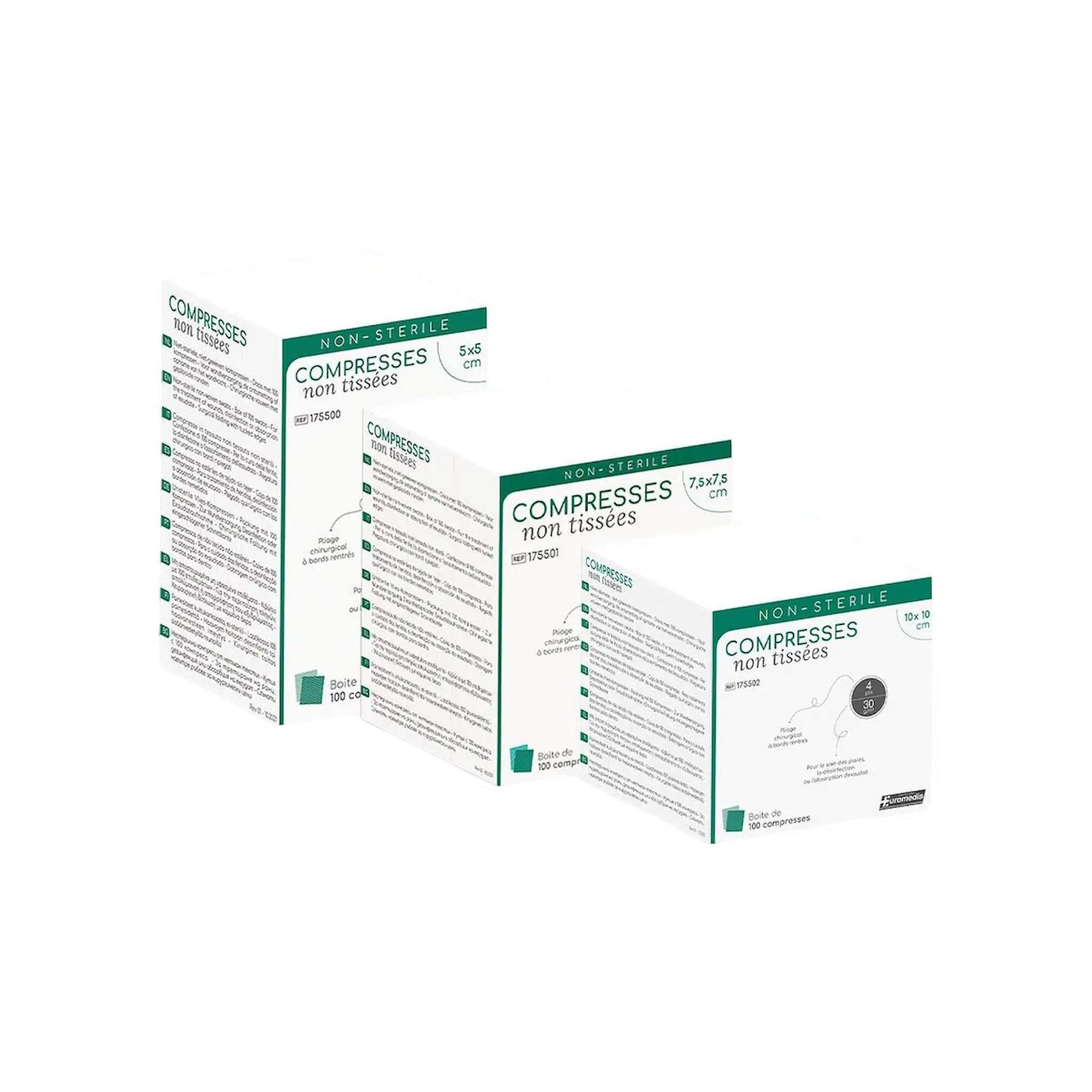 Lot de 10 x 100 - Compresses non tissées non stériles 30 g/m²